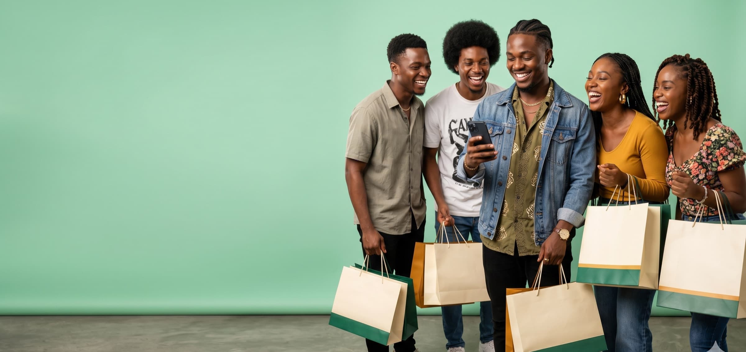 Five smiling young Nigerian friends looking at a phone together, holding shopping bags against a mint-green wall