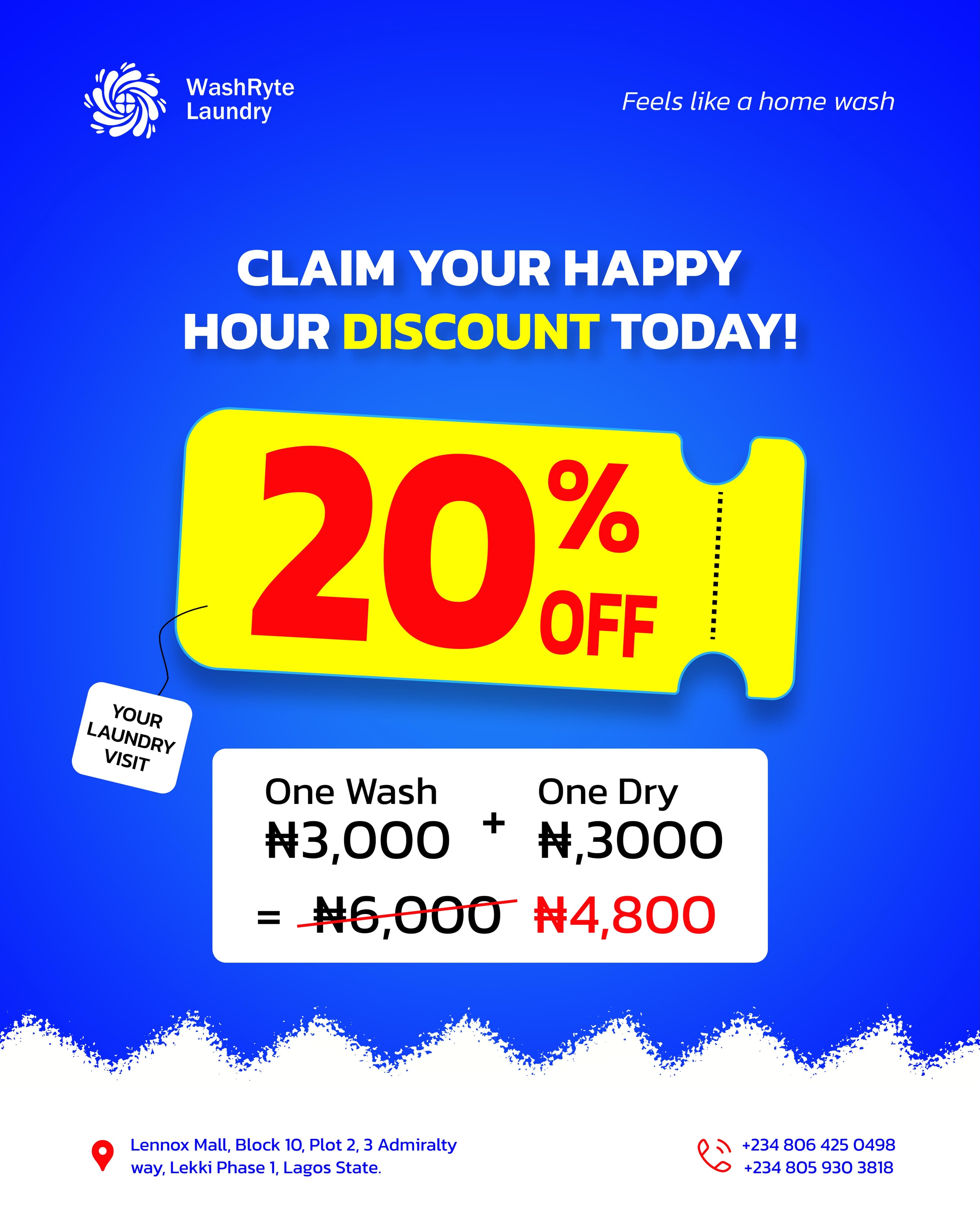 20% OFF one wash and one dry