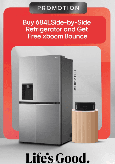 Buy any Selected Side-by-Side Refrigerator and Get a Free LG XBOOM Bounce Speaker.