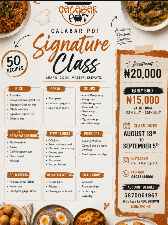 Get ₦5000 OFF your Registration on Calabar Pot Culinary Signature Online Class