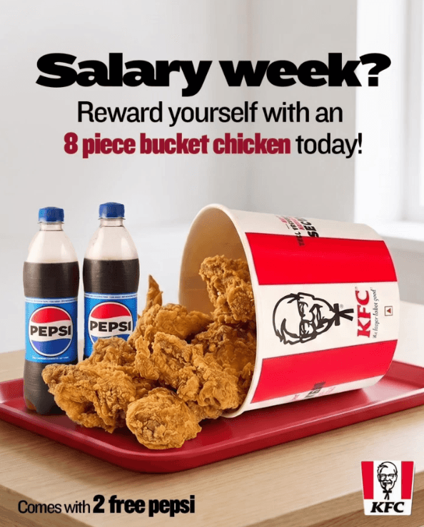 KFC Salary Week Offer - Get 2 FREE Pepsi with Every 8 Piece Bucket Chicken.