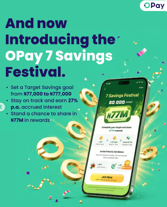 OPay 7 SAVINGS FESTIVAL - Earn 27% P.A. Accrued Interest,