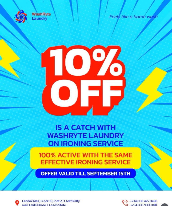 Enjoy 10% OFF your Ironing Service at WashRyte Laundry