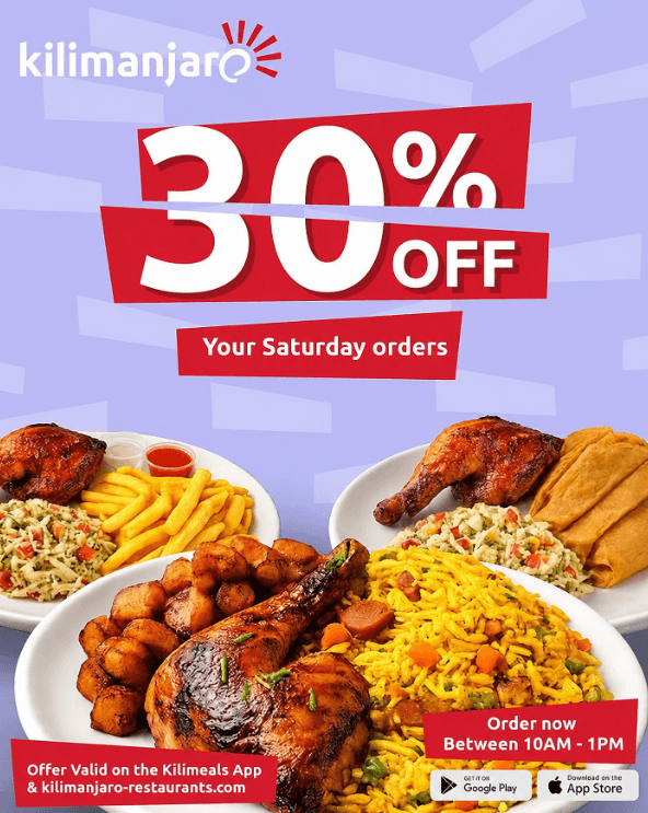 Enjoy 30% OFF your Meals on the Kilimeals App