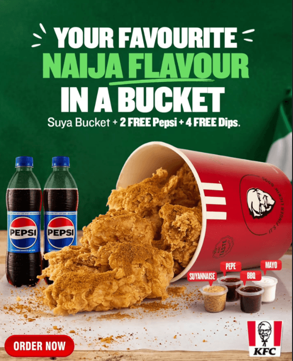 Enjoy the KFC Suya Bucket with 2 Free Pepsi and 4 Free Dips.