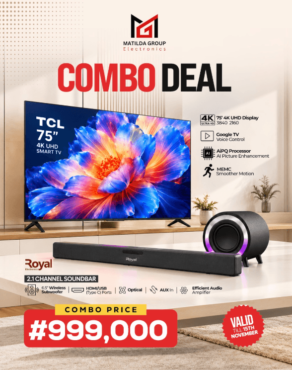 GET A TCL 75” 4K SMART TV + ROYAL SOUNDBAR FOR LESS