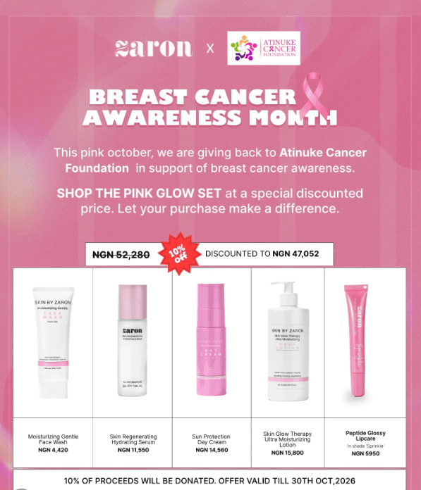 SAVE 10% ON ZARON’S PINK GLOW SET AND SUPPORT BREAST CANCER AWARENESS